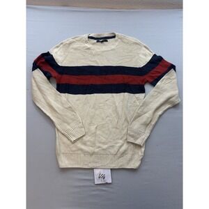 NOVAMEN Mens Size M Cream Navy Red Striped Crew Neck Knit Pullover Sweater